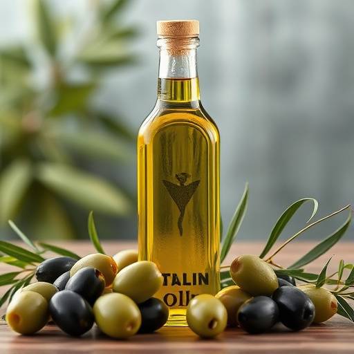 Bottiglia di olio extravergine d'oliva italiano con olive verdi e nere
