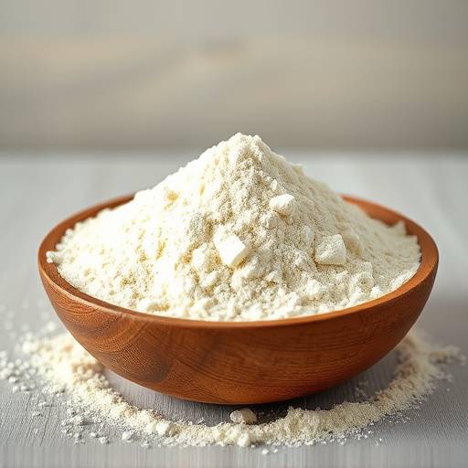 Mucchio di farina di semola rimacinata in una ciotola di legno