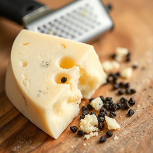 Spicchio di Pecorino Romano con grattugia e pepe nero