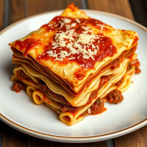 Un piatto di lasagna alla bolognese, con strati di pasta fresca, rag&radic;&pi; di carne, besciamella e parmigiano grattugiato