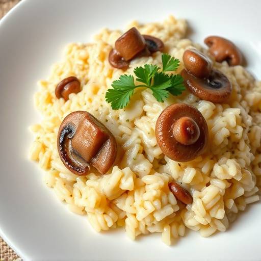 Un piatto di risotto ai funghi porcini, cremoso e profumato, guarnito con prezzemolo fresco