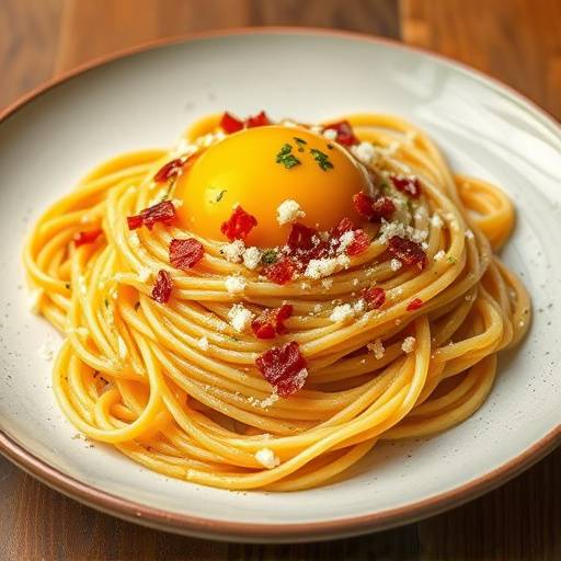 Un piatto fumante di spaghetti alla carbonara, con tuorlo d'uovo, pancetta croccante e una spolverata di pecorino romano