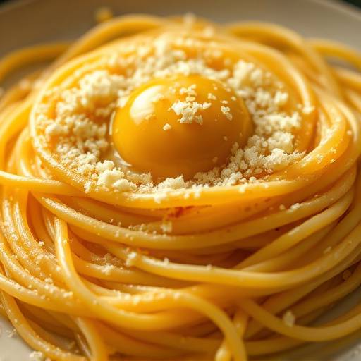 Un piatto fumante di spaghetti alla carbonara guarnito con pecorino romano grattugiato e tuorlo d'uovo fresco.