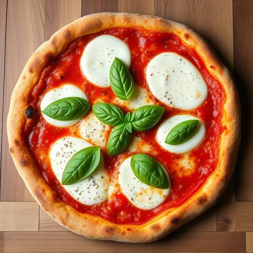 Una pizza napoletana con bordo alto e croccante, pomodoro San Marzano, mozzarella di bufala, basilico fresco e un filo d'olio extravergine d'oliva.